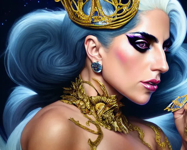 Prompt: lady gaga as miss universe, 8 k, deep focus, d & d, fantasy, intricate, elegant, highly detailed, digital painting, artstation, concept art, matte, sharp focus, illustration, hearthstone, art by artgerm and greg rutkowski and alphonse mucha