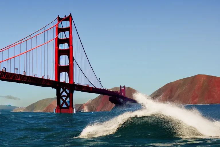 Image similar to golden gate bridge with sharks in water,