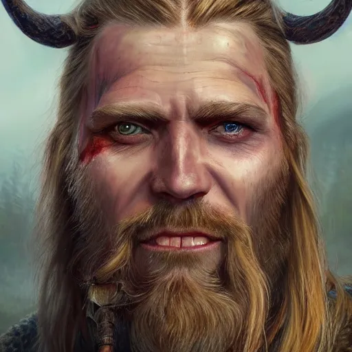 Image similar to an portrait of an happy male viking, long blonde hair, beard, eye scar, lip scar, detailed, centered, digital painting, artstation, concept art, donato giancola, Joseph Christian Leyendecker, WLOP, Boris Vallejo, Breathtaking, 8k resolution, extremely detailed, beautiful, establishing shot, artistic, hyperrealistic, beautiful face, octane render