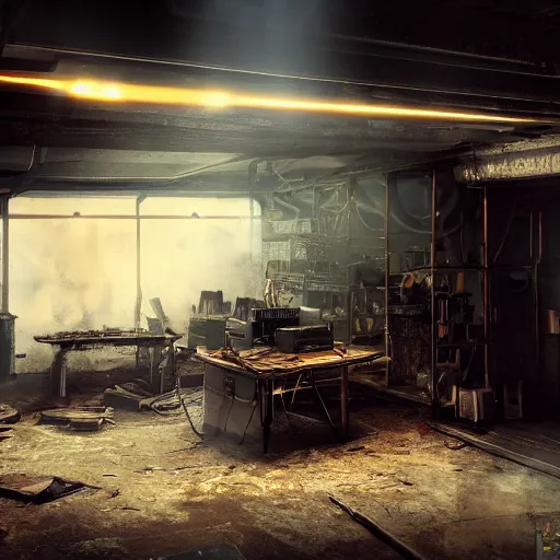 Prompt: original commodore 6 4, dark messy smoke - filled cluttered workshop, dark, dramatic lighting, orange tint, cinematic, highly detailed, sci - fi, futuristic, movie still