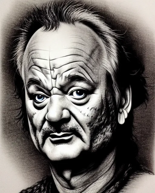 Image similar to bill murray, hyper realism, fine details, deviantart artstation, extremely detailed, black and white, very sharp, in the style of albrecht durer, etching,