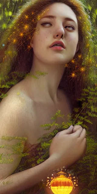 Image similar to empathic young woman, smiling amazed, golden fireflies lights, full covering intricate detailed dress, amidst nature, long red hair, precise linework, accurate green eyes, small nose with freckles, beautiful oval shape face, realistic, expressive emotions, dramatic lights, hyper realistic ultrafine art by artemisia gentileschi, jessica rossier, boris vallejo