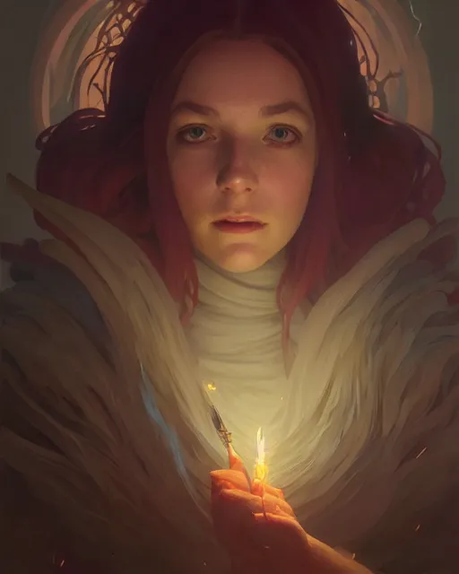 Image similar to highly detailed vfx portrait of a witch casting light magic, unreal engine, greg rutkowski, loish, rhads, beeple, makoto shinkai and lois van baarle, ilya kuvshinov, rossdraws, tom bagshaw, alphonse mucha, global illumination, detailed and intricate environment