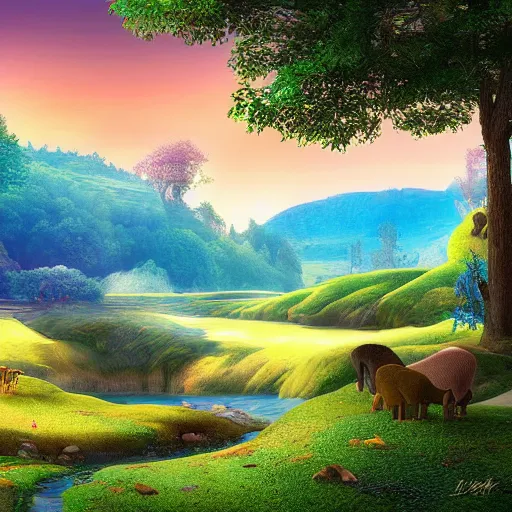 Image similar to A beautiful digital art of of a landscape. It is a stylized and colorful view of an idyllic, dreamlike world with rolling hills, peaceful looking animals, and a flowing river. The scene looks like it could be from another planet, or perhaps a fairy tale. studio lighting by Michelangelo rich details, daring