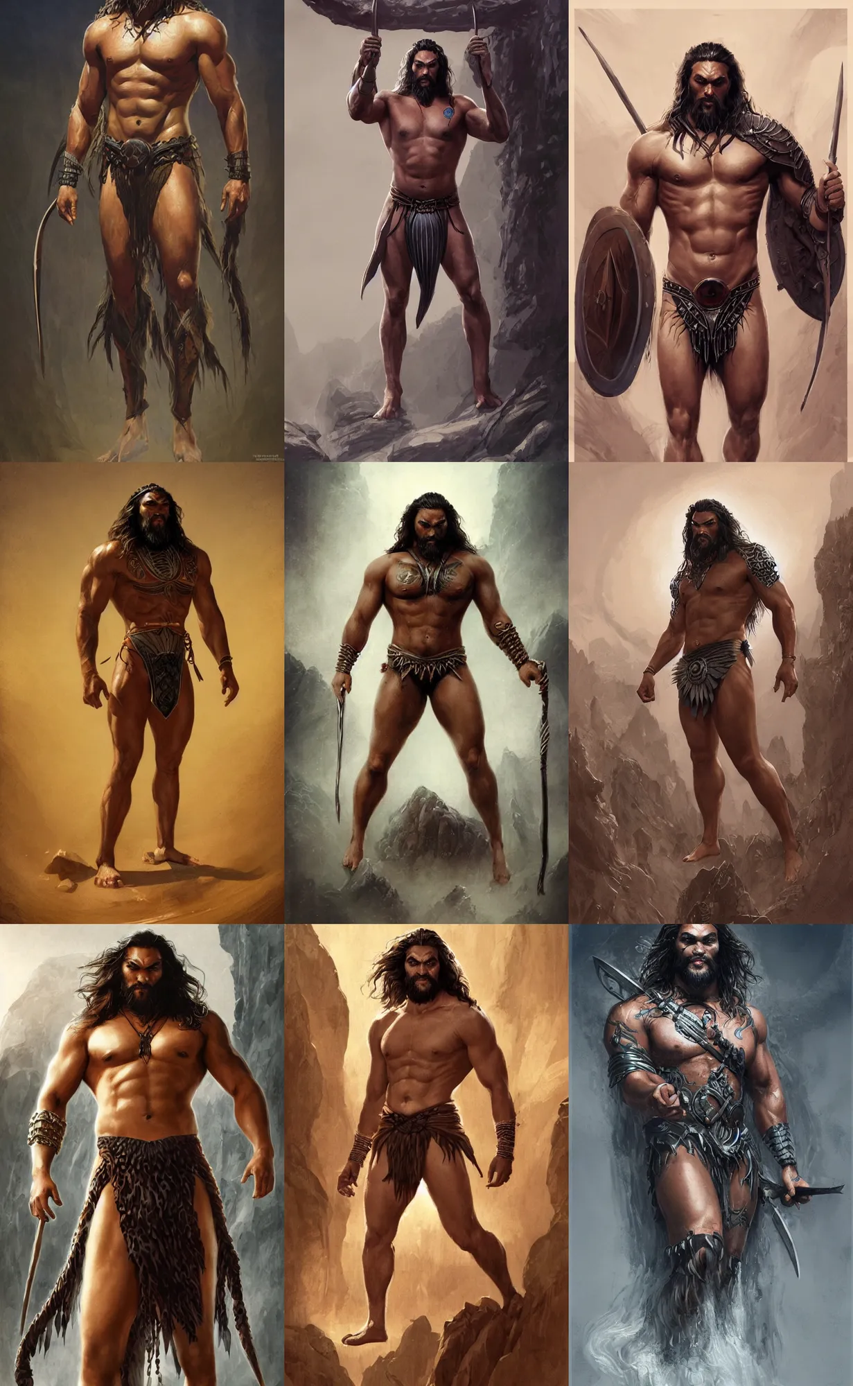 Prompt: jason momoa, loincloth, symmetrical, front view, full shot, full body, digital painting, artstation, concept art, sharp focus, illustration, orientalism, art by aleksi briclot and greg rutkowski and raphael lacoste