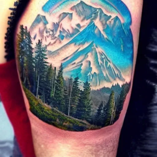 Image similar to double exposure tattoo of megan fox with beautiful mountain scenery, hyper - realistic, in the style of den yakovelev, amazing detail, sharp