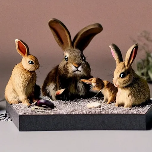 Image similar to A diorama of a bunny family sitting around the table having dinner