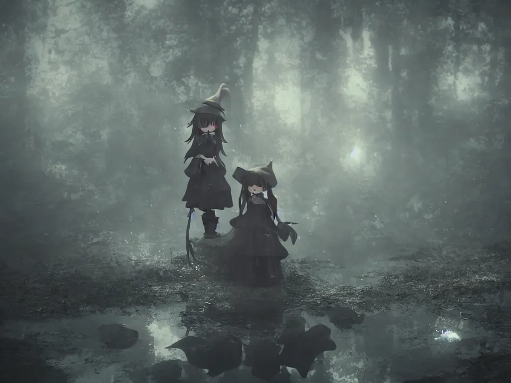 Image similar to cute fumo plush girl witch standing in reflective murky river water, gothic horror maiden in tattered cloth, volumetric fog and smoke, light shafts shining through the dusky light, moonglow, lens flare, chibi anime, vray