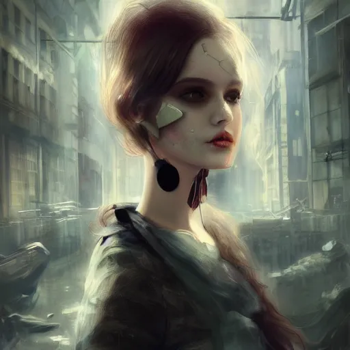 Image similar to a beautiful woman’s face shattered like a porcelaine doll, blurred dystopian city background, sad and dark atmosphere, trending on Artstation, Cgsociety, concept art