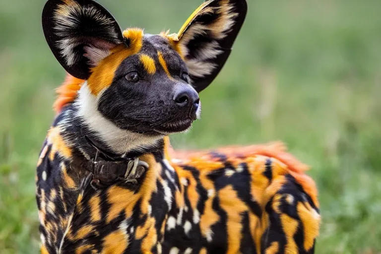 Image similar to A photo of the world's greatest showman: the african painted dog dressed in a hat!