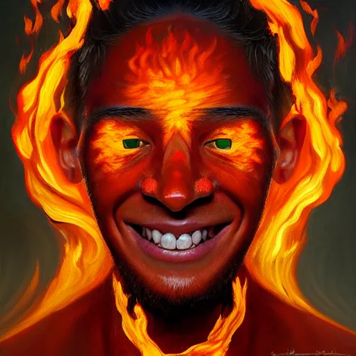 Prompt: a hyper realistic painting of a young fire - man, all face covered with a fire, coherent symmetrical eyes, cunning smile, by jeffrey smith, by andrea kowch, by steve henderson, masterpiece, trending on artstation, sharp, details, hyper - detailed, hd, hdr, 4 k, 8 k