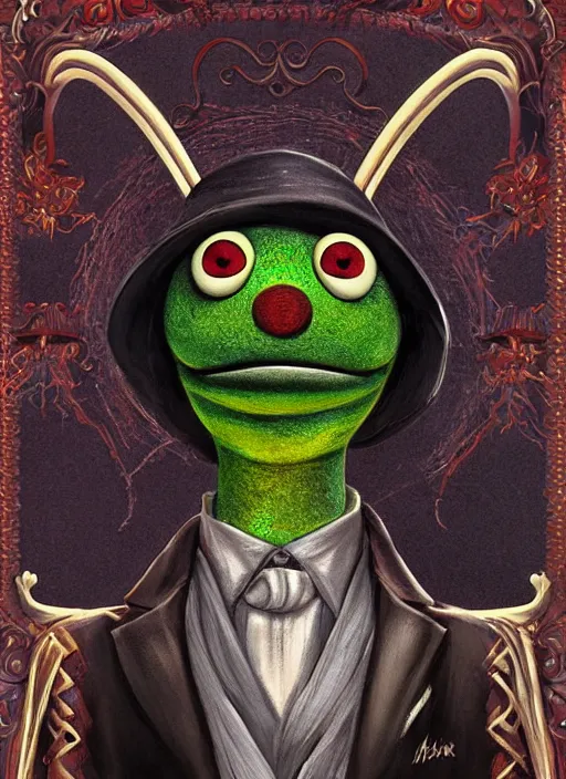 Prompt: occult muppet with glowing haunted eyes, metal skin, intricate, elegant, highly detailed, centered, digital painting, artstation, concept art