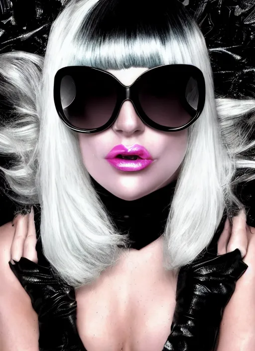 Prompt: lady gaga just dance poker face era the fame in 2 0 0 8 photoshoot, full body, wearing versace sunglasses, long platinum blonde hair with bangs fringe, highly realistic. high resolution. highly detailed. dramatic. 8 k. 4 k.