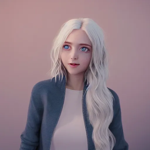 Image similar to Render of Lily, a cute 3d young woman, long white hair, full round face, light blue eyes, bisque skin tone, cute freckles, light red blush, smiling softly,wearing casual clothing, interior lighting, cozy living room background, medium shot, mid-shot, hyperdetailed, trending on Artstation, Unreal Engine 4k