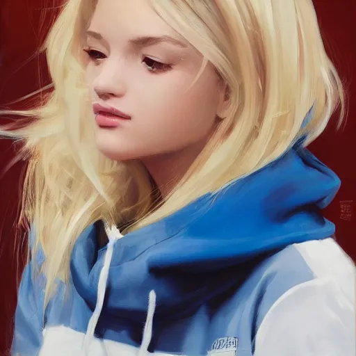 Image similar to greg manchess portrait of a beautiful girl with blonde hair, wearing a blue hoodie, medium shot, white background, asymmetrical, profile picture, organic painting, matte painting, bold shapes, hard edges, street art, trending on artstation, by huang guangjian and gil elvgren and sachin teng and wlop and rossdraws and greg rutkowski