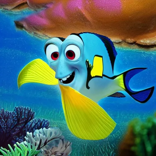 Prompt: of dory from finding Nemo human cosplay underwater photo photography high quality realistic underwater