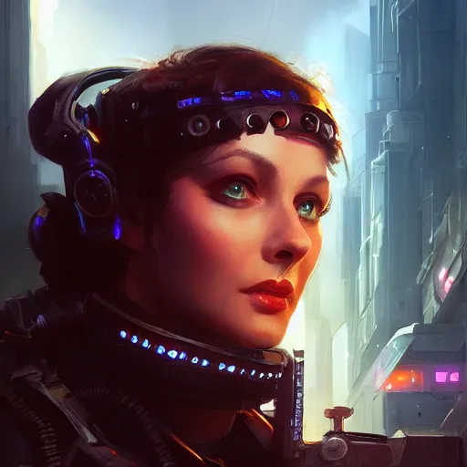 Image similar to closeup portrait of a young vivian leigh as cyberpunk mercenary, city background, megacity, high fantasy, dramatic light, gorgeous view, depth, high detail, digital art, painted by greg rutkowski, trending on artstation