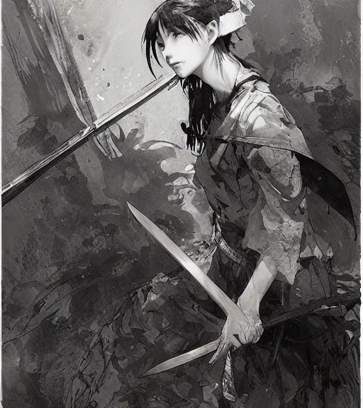 Image similar to portrait of anime girl holding a machete, pen and ink, intricate line drawings, by craig mullins, ruan jia, kentaro miura, greg rutkowski, loundraw