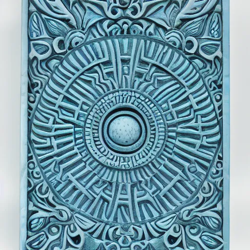 Image similar to fractals, maze, thin lines, ernst haeckel, carved soapstone relief paneling white and pale blue