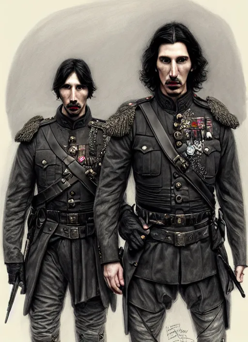 Image similar to a portrait of john oliver standing next to adam driver, stoic, military uniform, fantasy, intricate, beautiful, highly detailed, charcoal, centered, dark, smokey, digital painting, concept art, smooth, sharp focus, illustration, art by artgerm and greg rutkowski