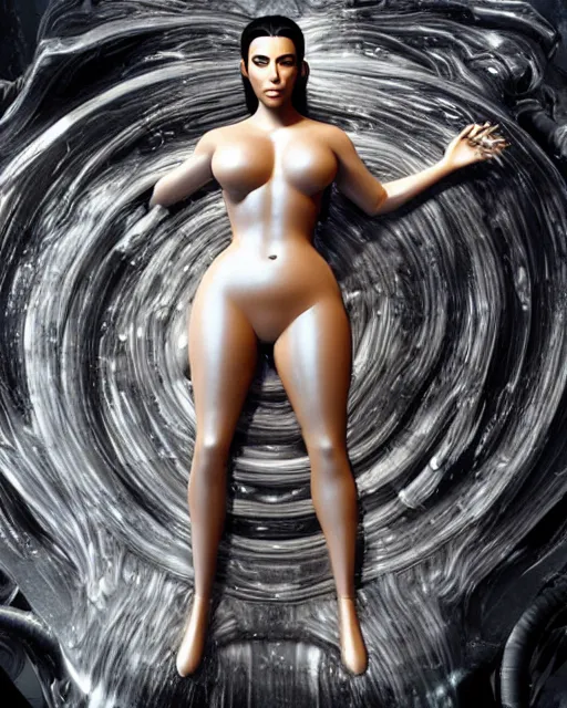Image similar to epic full - body - shot still of kim kardashian unconscious in a transparent alien liquid, wet flowing hair, gooey skin, illustration, unreal engine 5, 8 k, made by h. r. giger.