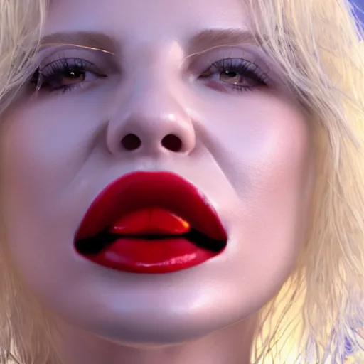 Image similar to a 3 d render of a lusty blonde woman with lucious red lips opening her mouth and sticking out her tongue ue 4 photorealism artstation