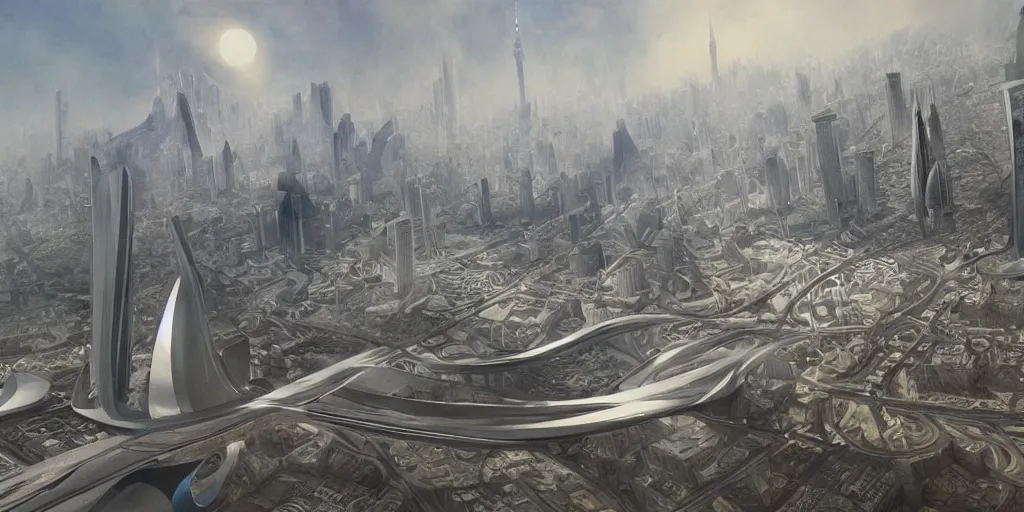 Image similar to a beautiful painting of epic fantasy islamic zaha hadid city by alan lee, trending on artstation