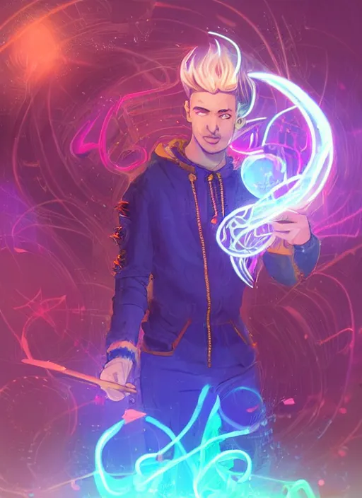 Image similar to character concept !portrait of a handsome young wizard with olive skin and buzzed short spiky hairstyle casting a spell with apleasantly surprised expression. glowing runes in swirling neon light, an iridescent spell book hovering in mid-air. glowing magic dust swirling. intricate, elegant, digital painting, concept art, smooth, sharp focus, illustration, by Ruan Jia and Mandy Jurgens and Artgerm and William-Adolphe Bouguereau