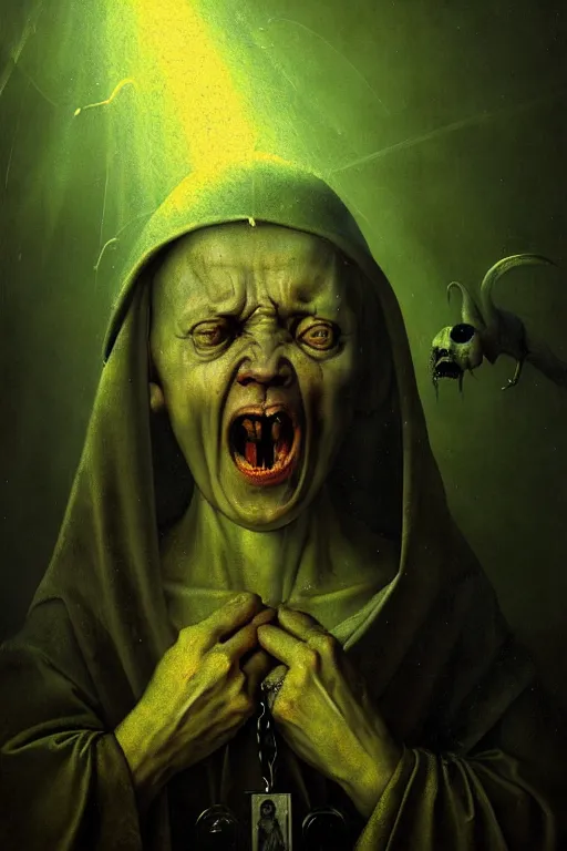 Image similar to hieronymus bosch, greg rutkowski, anna podedworna, close up portrait of bjornson, screaming, insane eyes, mad, god rays, wide shot of a graveyard lit by spooky green lights