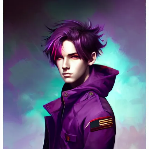 Image similar to colorful and festive captivating teenager boy with straight purple hair, purple eyes with red eye markers, slim body, wearing japanese combat clothes. rich vivid colors, ambient lighting, dynamic lighting, 4 k, atmospheric lighting, painted, intricate, highly detailed by charlie bowater