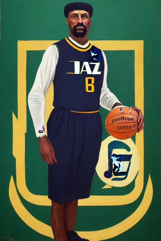 Image similar to full body portrait of the dictator of the nba utah jazz, 1 8 8 9, in full military garb, navy, green, oil on canvas by william sidney mount, trending on artstation