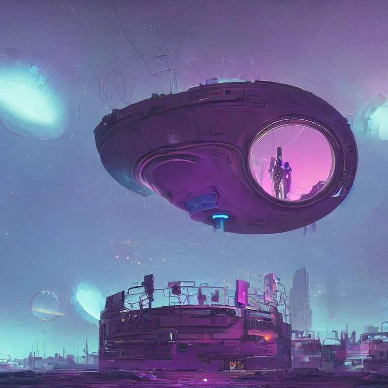 Image similar to a circle portal structure floating in outer - space, cyberpunk, epic surrealism, indigo, purple, cyan, detailed digital matte painting in the style of simon stalenhag and painting by ralph mcquarrie