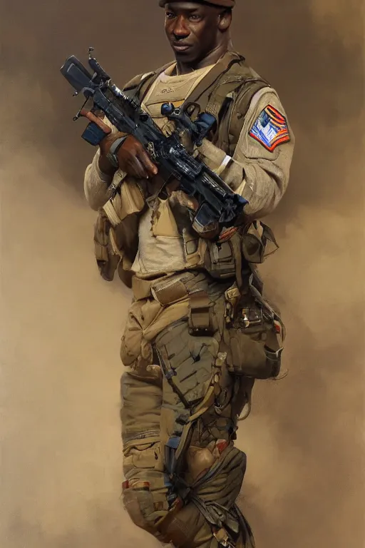 Prompt: michael jordan wearing a us soldier uniform and gun, detailed, 8 k, trending on artstation, smooth, sharp focus artwork by gustave courbet, mark keathley, greg rutkowski and alphonse mucha