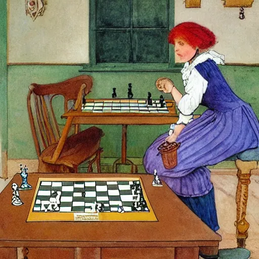 Image similar to a young edwardian woman playing chess against a rabbit, in the style of Carl Larsson