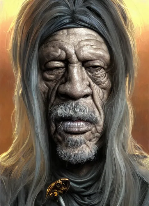 Image similar to Portrait of Danny Trejo, white glowing eyes, silver hair, cloak, ethereal wings, male, fantasy, extremely detailed, digital painting, artstation, concept art, smooth, sharp focus, illustration, stunning lighting, art by artgerm and greg rutkowski and alphonse mucha and simon stalenhag, realistic character concept, high fantasy, light atmosphere, golden ratio, cinematic lighting, hyperdetailed, high resolution, insanely detailed and intricate, artstation, Marc Simonetti, Greg Rutkowski, 8k