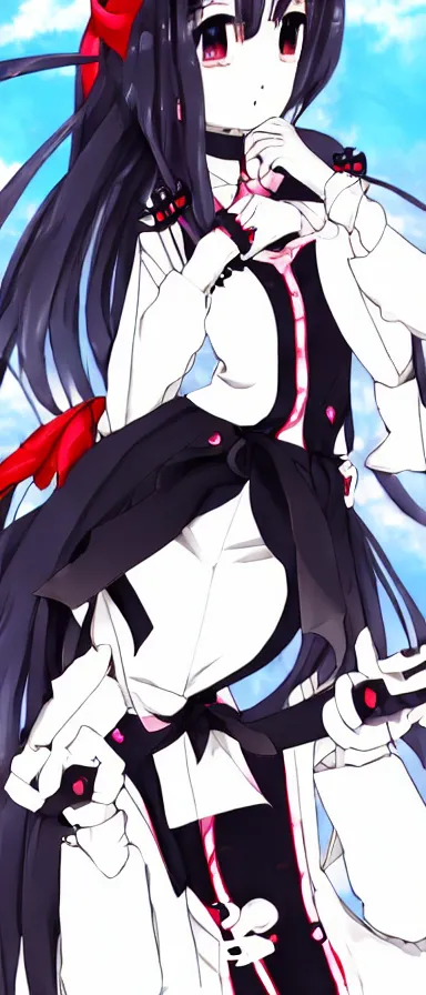 Image similar to Anime Screenshot of a “red-eyed black-haired anime fox girl” wearing black fingerless-gloves, high-waist-black-skirt, white-collared-shirt blue-open-jacket, black-necktie, unsheathing her katana, white background, visual-key, anime illustration, pixiv, anime-twitter