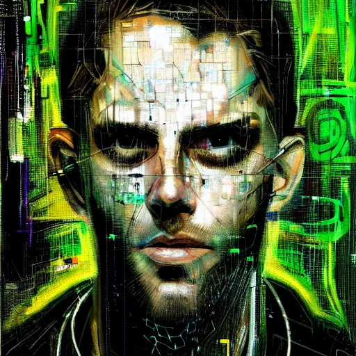 Image similar to hyperrealistic portrait of a cyberpunk man, medium hair, confident, cybernetics, immersed within a network, by Guy Denning, Derek Gores, Russ Mills, glitch art, hyper focus, fined detail, polished, complex, hacking effects, holographic, digital tech effects, color blocking!, green, realistic, acrylic on canvas, concept art, abstract, 8k. trending on cgsociety, trending on artstation