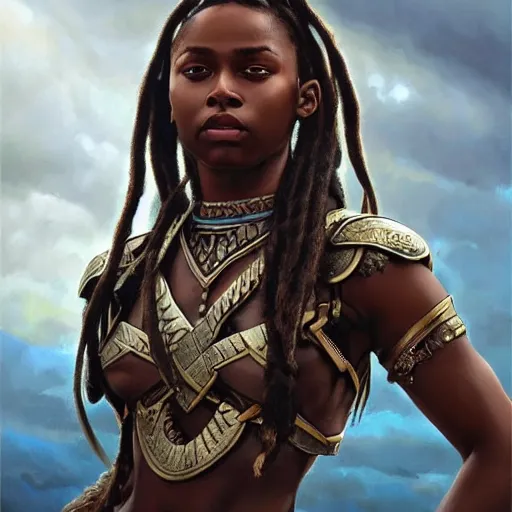 Prompt: Portrait of a beautiful melanated black braid young valkyrie shieldmaiden viking proud regal melanated, dreadlock hair, braided hair, bare midriff, blue eyes, intricate, elegant, highly detailed, digital painting, artstation, concept art, smooth, sharp focus, illustration, art by artgerm and greg rutkowski and alphonse mucha