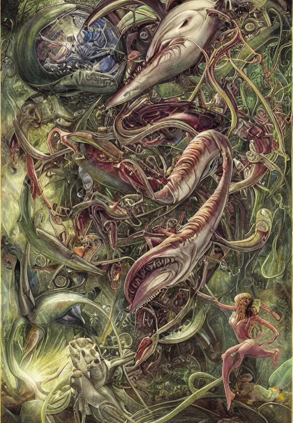 Image similar to simplicity, elegant, colorful muscular sharks, human babies, botany, orchids, radiating, colorful mandala, psychedelic, overgrown garden environment, by h. r. giger and esao andrews and maria sibylla merian eugene delacroix, gustave dore, thomas moran, pop art, biomechanical xenomorph, art nouveau, apocalyptic