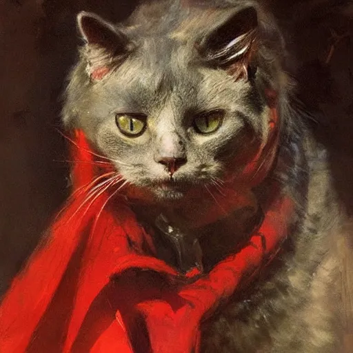 Image similar to portrait of an evil cat wearing a red cape, by jeremy mann, anders zorn.