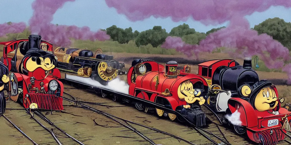 Image similar to steam locomotives drag racing side by side, smoky and steamy air, carl barks style