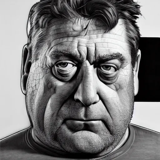 Prompt: hyperrealistic mixed media high resolution image of john goodman, sweating, stunning 3 d render inspired art by jamie salmon and istvan sandorfi and unreal engine and greg rutkowski, realistic flesh, dim volumetric lighting, 8 k octane beautifully detailed render, post - processing, extremely hyper - detailed, intricate, epic composition, highly detailed attributes, highly detailed atmosphere, cinematic lighting