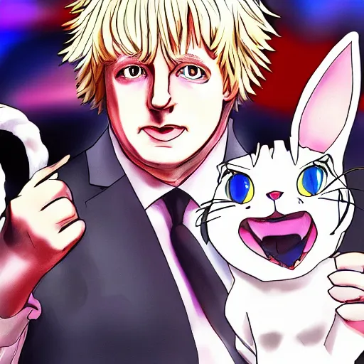 Prompt: cell shaded anime key visual of boris johnson as a catgirl dancing with a catgirl, dramatic lighting