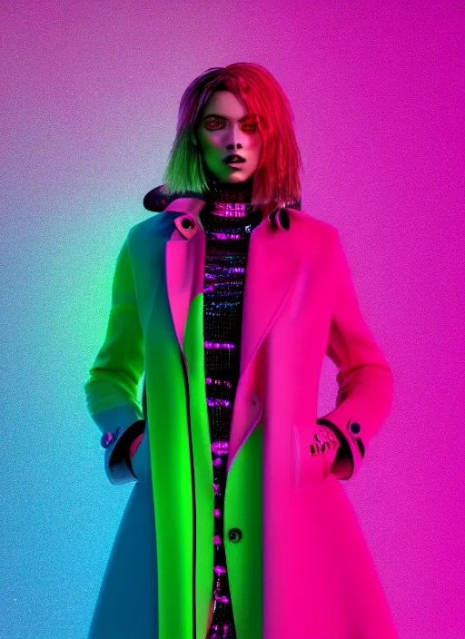 Image similar to coat for a rave, bright colors, many details, prints, photo for a magazine, photo for a store, fashion photography, Vogue, 135 mm, cinematic, hyper realism, high detail, octane render, 8k, chrome accents, perfect face model