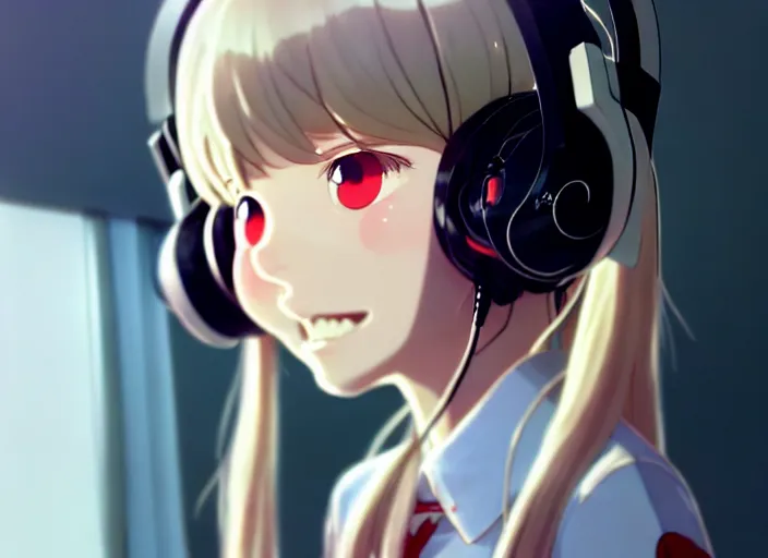 Image similar to a film still portrait of a white long hair red eyed young cute girl wearing a headset in a room interior, closeup, perfect art, gapmoe, trending on pixiv fanbox, painted by makoto shinkai takashi takeuchi studio gibli yoh yoshinari, kuvshinov ilya, 4 k