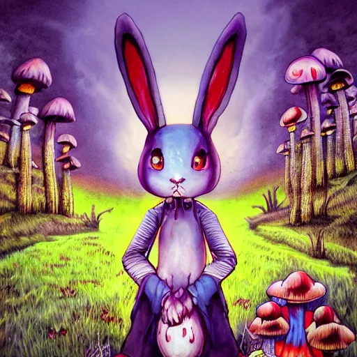 Image similar to 4 k headshot portrait of a psychedelic demonic anthropomorphic bunny rabbit with mushroom themed clothes, magic mushroom village in background. award winning. superb resolution. in the art style of junji ito and greg rutkowski. detailed mushroom city in background. hyper realistic anime. perfect art. dalle 2