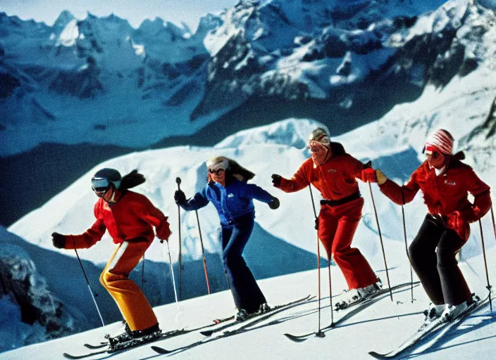 Image similar to a 3 5 mm kodachrome photo of people skiing in the swiss alps in the 1 9 5 0's, bokeh, canon 5 0 mm, cinematic lighting, film, photography, golden hour, depth of field, award - winning