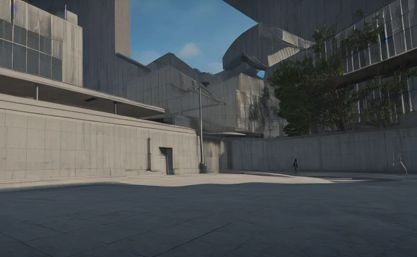 Image similar to screenshot of game on unreal engine 5, a large government building with a security checkpoint, no windows, garden terraces, inner city, photorealistic, retrofuturism, brutalism, minimalist, soft vintage glow