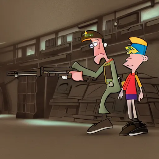 Prompt: phineas and ferb in a gun armory digital illustration render 4 k trending on artstation unreal engine