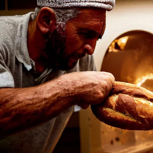 Image similar to closeup portrait of a baker fighting bread that's trying to escape from the oven, by Steve McCurry and David Lazar, natural light, detailed face, CANON Eos C300, ƒ1.8, 35mm, 8K, medium-format print